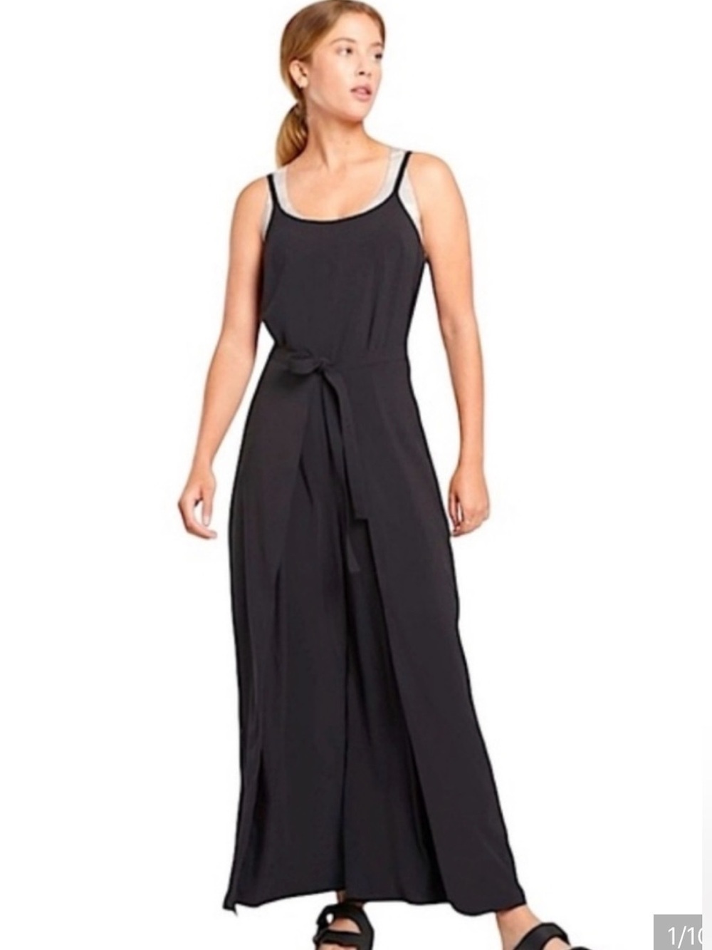 Athleta Its A Wrap Jumpsuit Romper Womens L / 12 Black Wide Leg Tie Pockets Soft